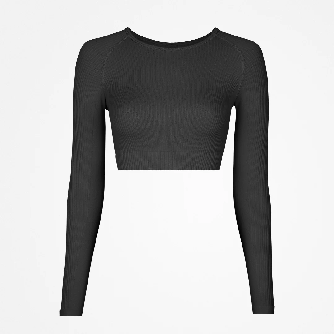 Geripptes Sportshirt langarm Damen | Schwarz - Image 10